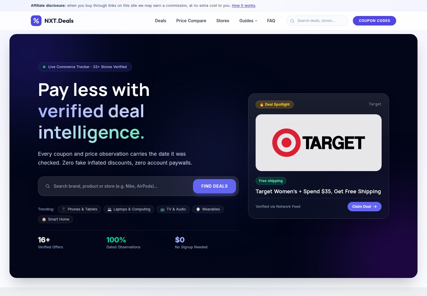 Screenshot of the live NXT Deals website