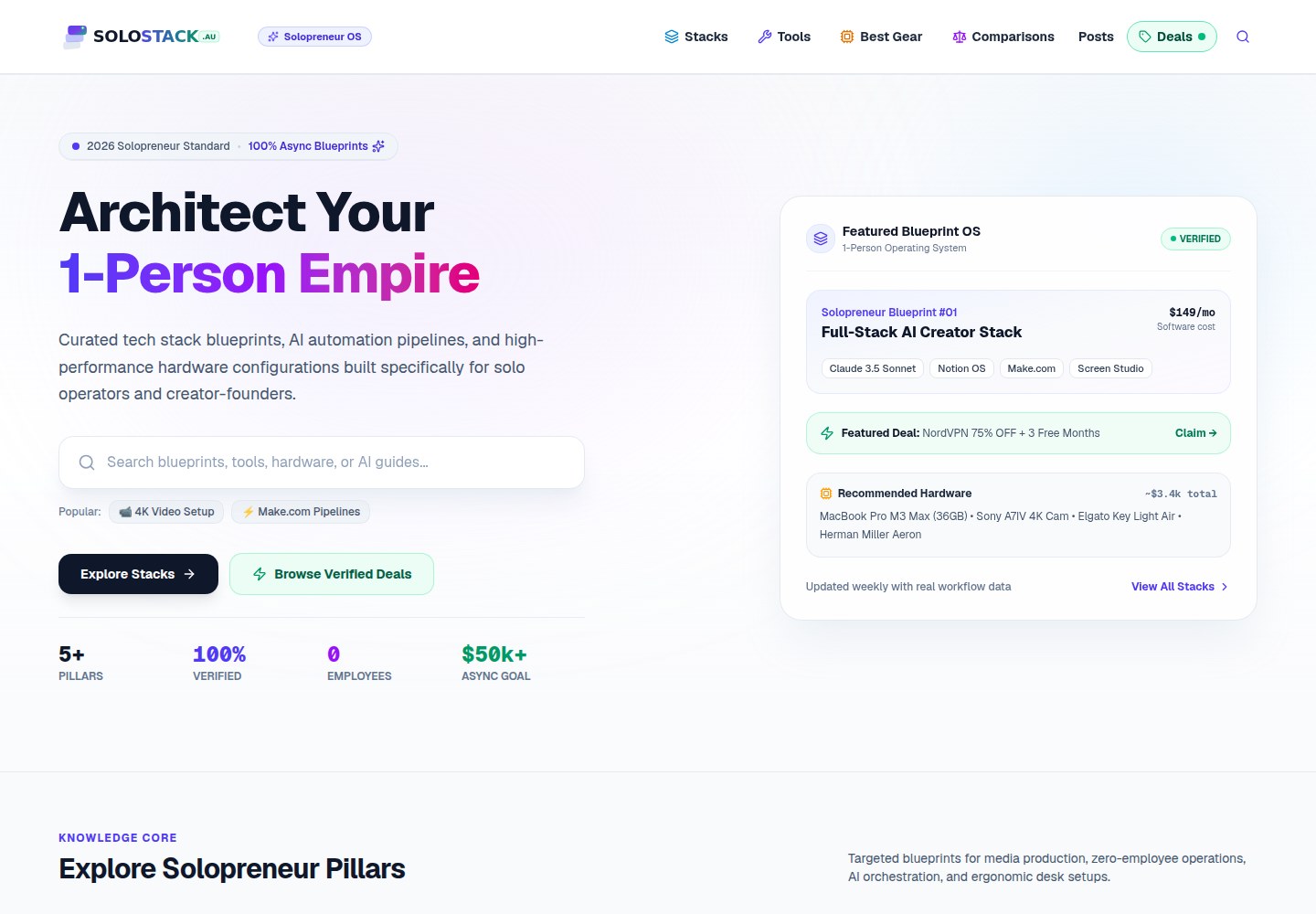 Screenshot of the live SoloStack website